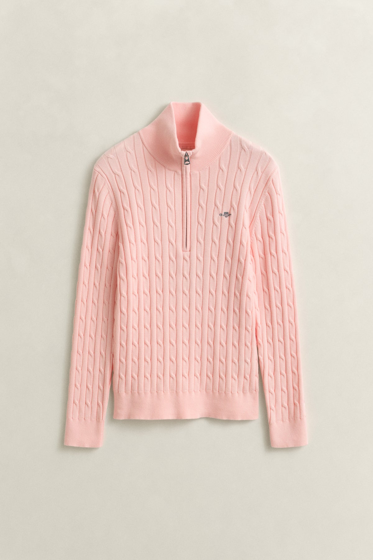 APRICOT PINK, STRETCH COTTON CABLE HALF-ZIP, FLAT-LAY BY GANT AU.