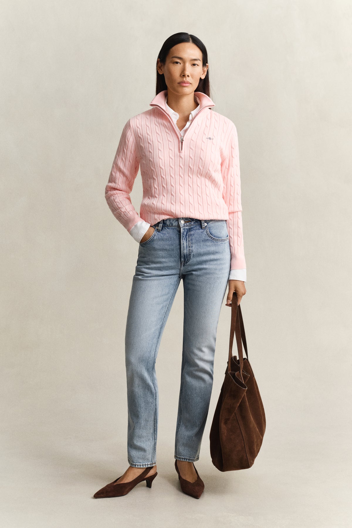 APRICOT PINK, STRETCH COTTON CABLE HALF-ZIP BY GANT AU.