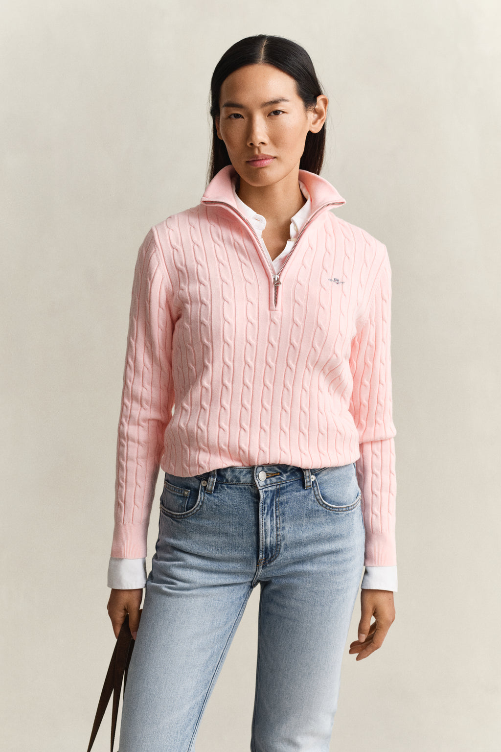 APRICOT PINK, Stretch Cable Half-Zip Sweater, FRONT-VIEW BY GANT AU.