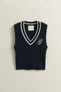EVENING BLUE, CONTRAST COTTON CABLE V-NECK VEST, FLAT-LAY BY GANT AU.