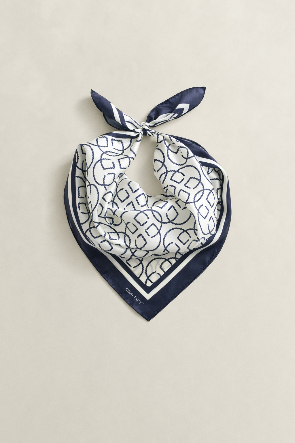 CREAM, MONOGRAM PRINT SILK SCARF, FLAT-LAY BY GANT AU.