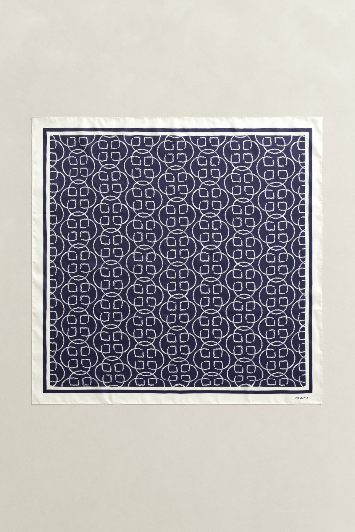 EVENING BLUE, MONOGRAM PRINT SILK SCARF, FRONT-VIEW BY GANT AU.