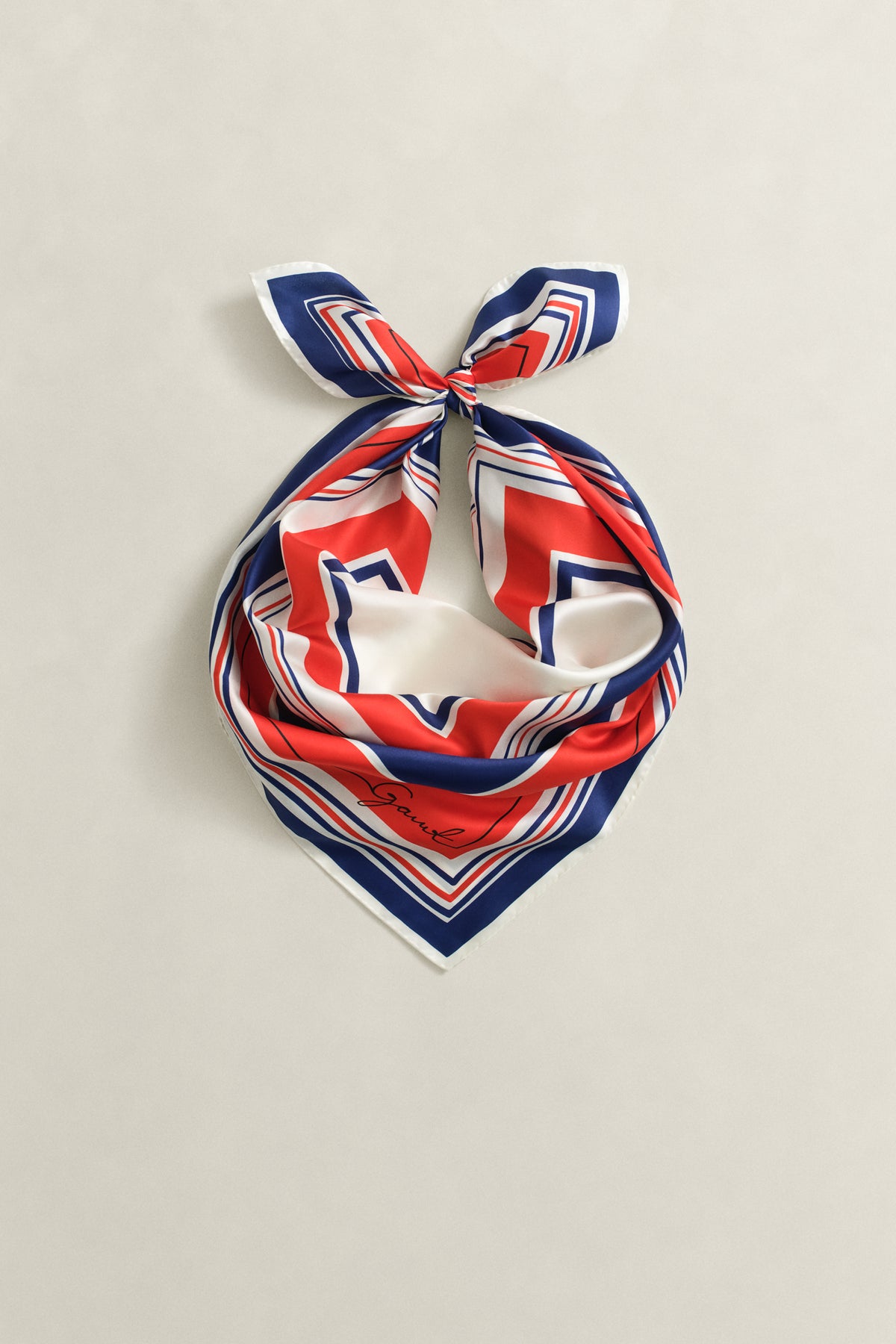 PERFECT RED, NAUTICAL STRIPE PRINT SILK SCARF, CLOSE-UP BY GANT AU.