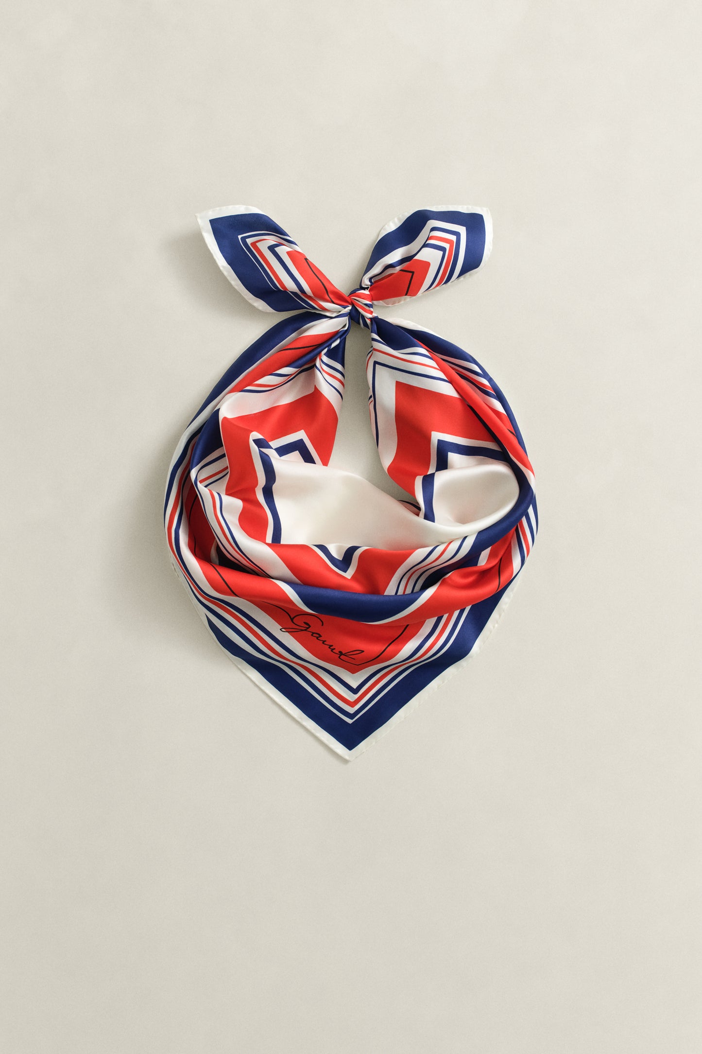 PERFECT RED, NAUTICAL STRIPE PRINT SILK SCARF, CLOSE-UP BY GANT AU.
