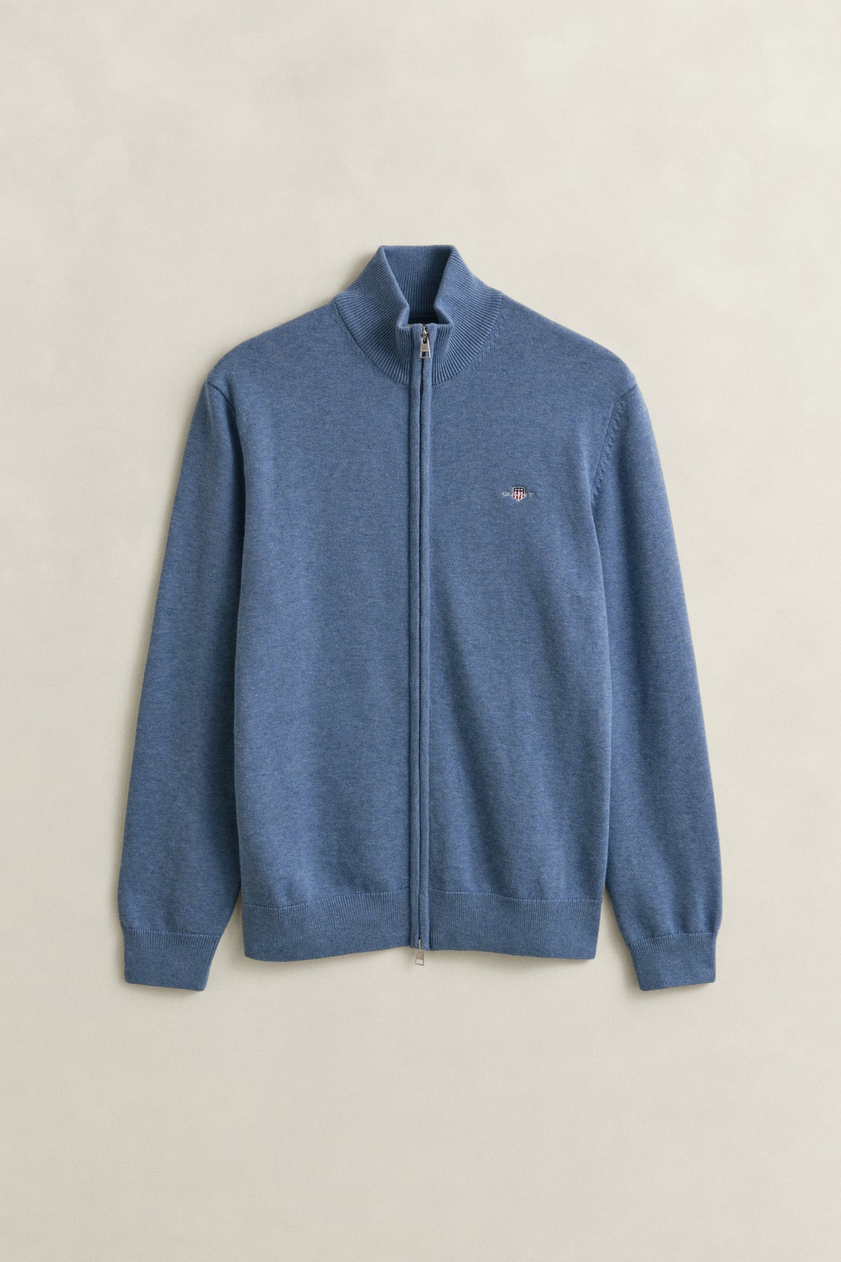 DENIM BLUE MELANGE, Cotton Knit Zip Cardigan, FLAT-LAY BY GANT AU.