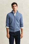 DENIM BLUE MELANGE, Cotton Knit Zip Cardigan, FRONT-VIEW BY GANT AU.
