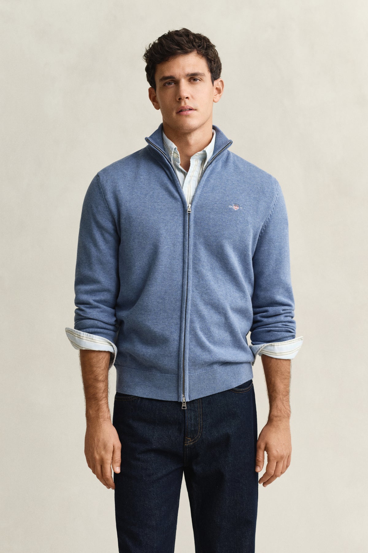 DENIM BLUE MELANGE, Cotton Knit Zip Cardigan, FRONT-VIEW BY GANT AU.