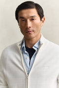 MODEL WEARING COTTON TEXTURE ZIPPED CARDIGAN