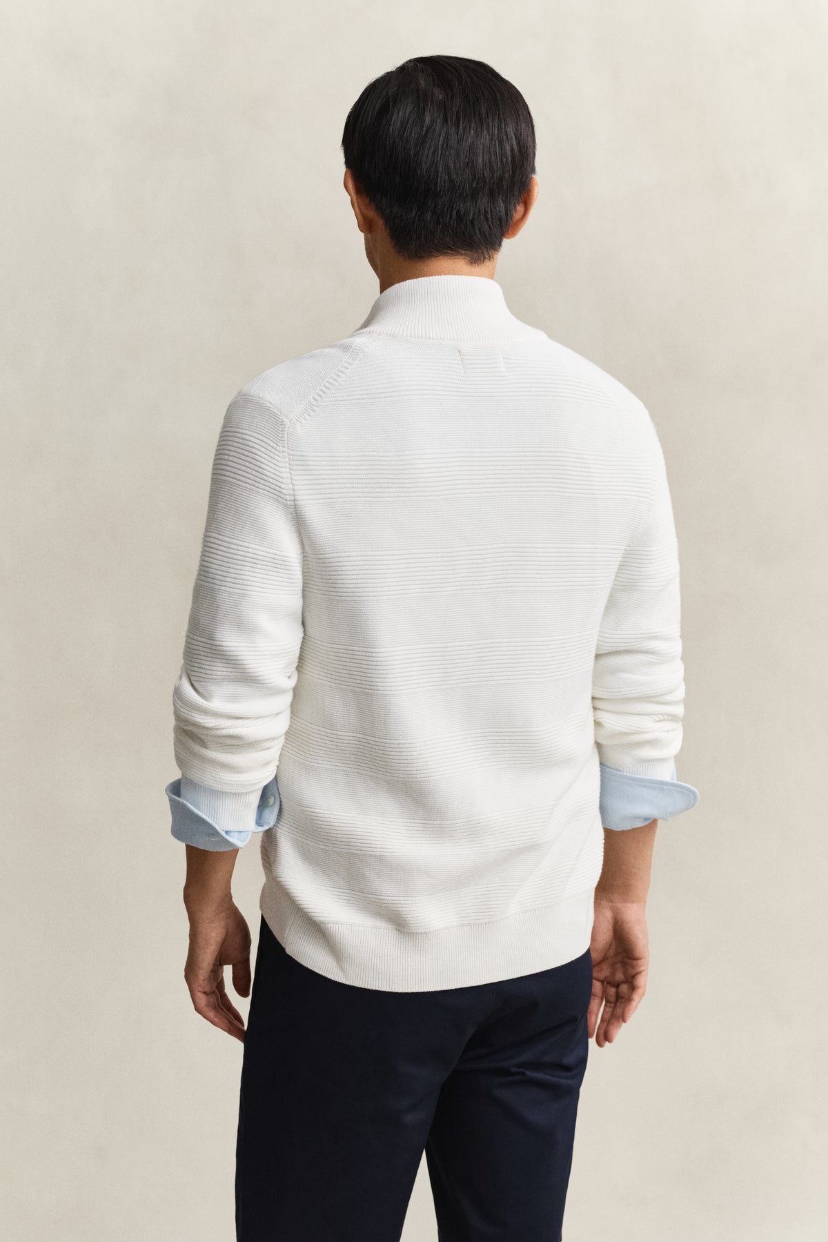 EGGSHELL, COTTON TEXTURE ZIPPED CARDIGAN, BACK-VIEW BY GANT AU.