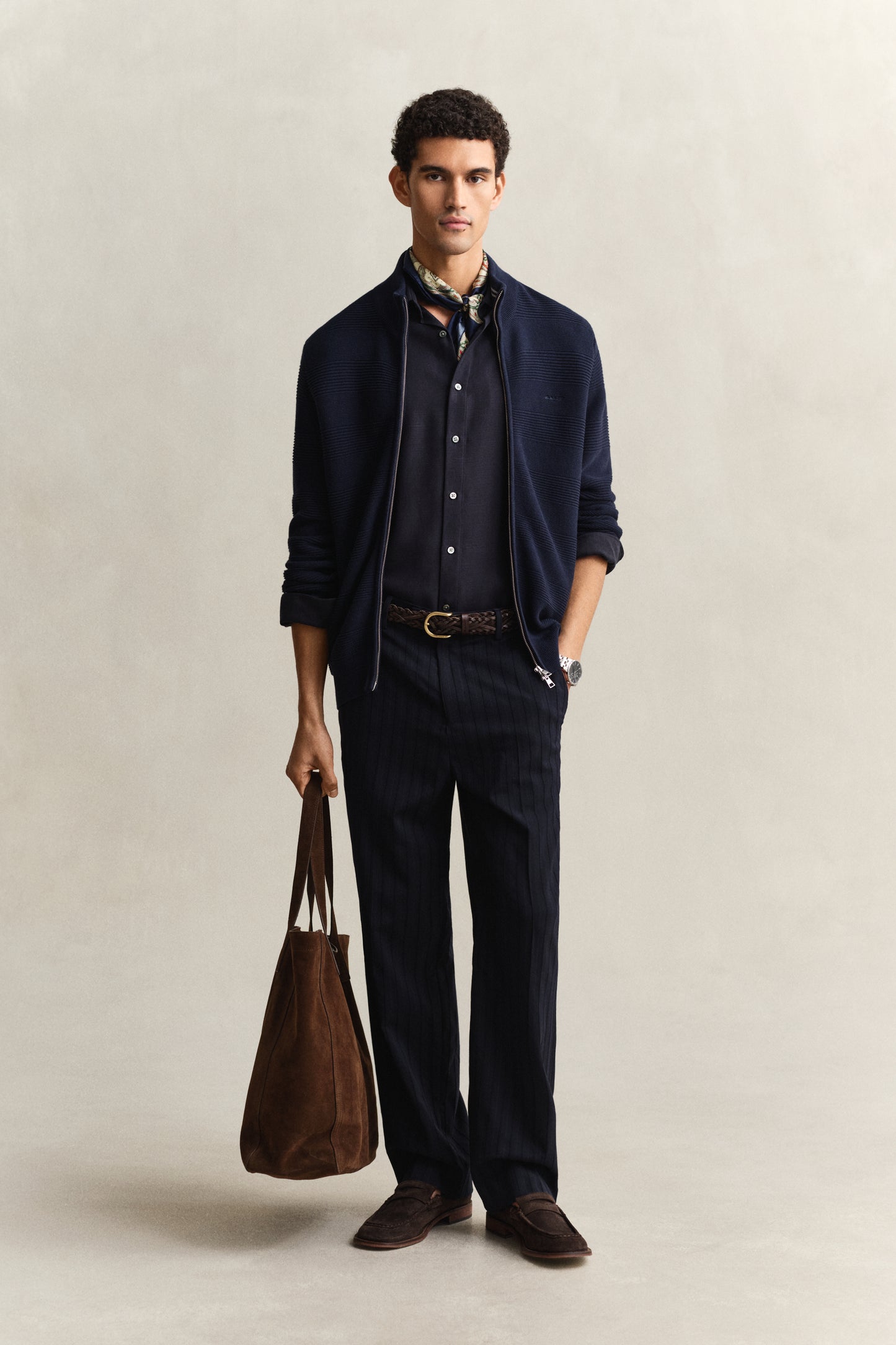 EVENING BLUE, COTTON TEXTURE ZIPPED CARDIGAN BY GANT AU.