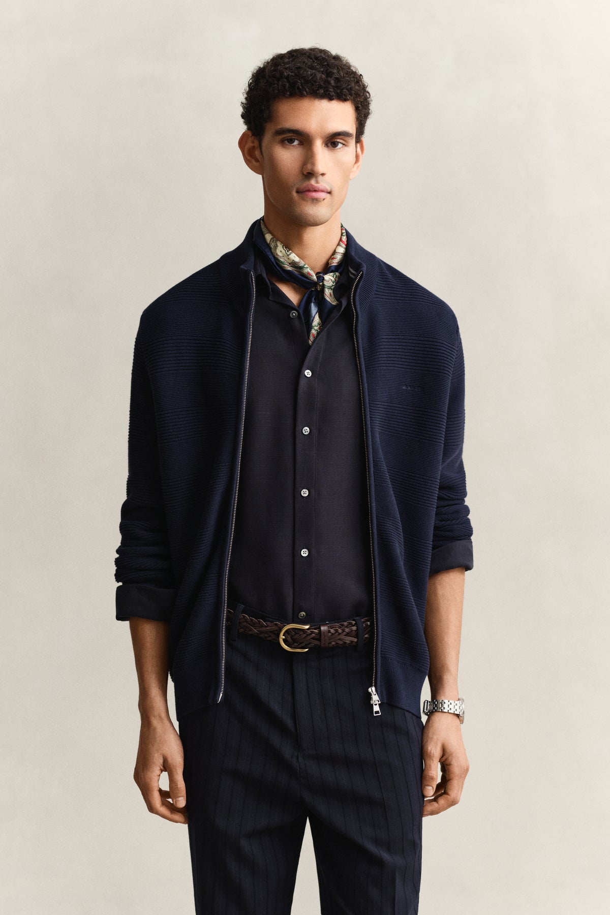 EVENING BLUE, COTTON TEXTURE ZIPPED CARDIGAN, FRONT-VIEW BY GANT AU.