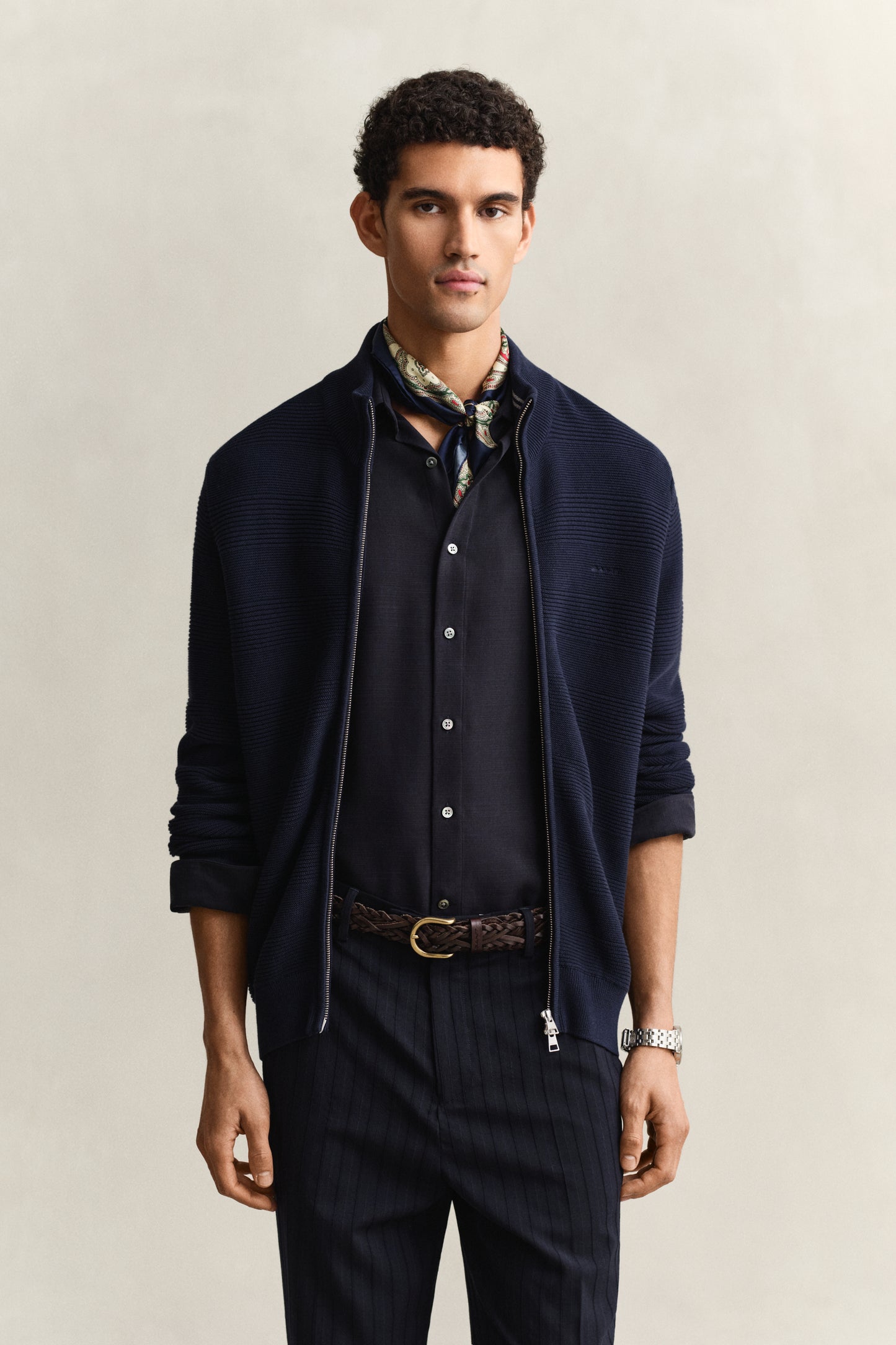 EVENING BLUE, COTTON TEXTURE ZIPPED CARDIGAN, FRONT-VIEW BY GANT AU.