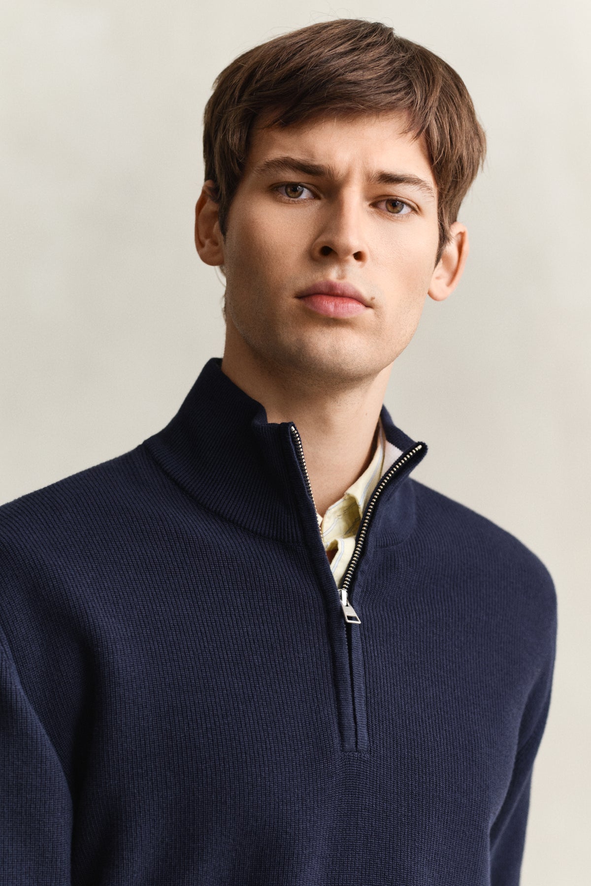 MODEL WEARING COTTON RIB HALF ZIP
