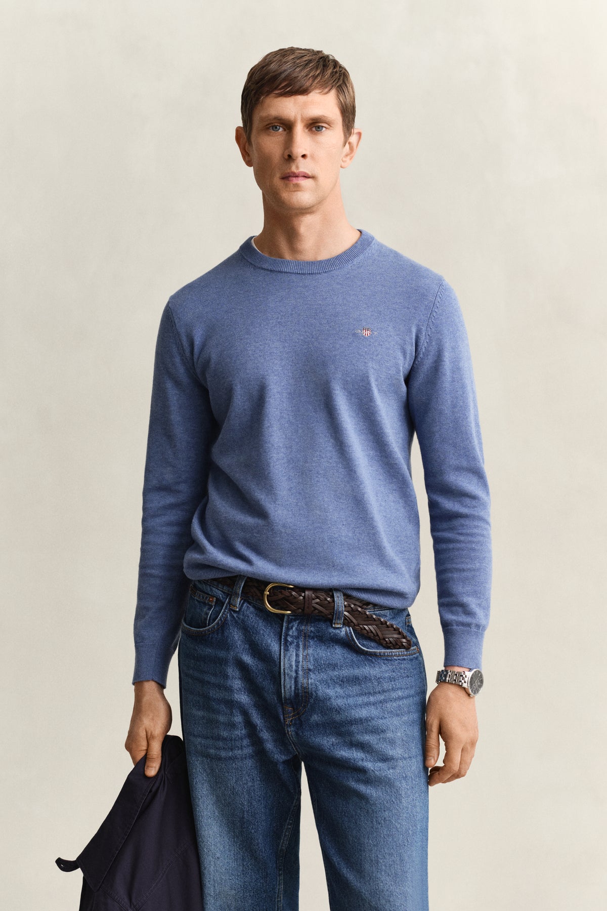 DENIM BLUE MELANGE, CLASSIC COTTON C-NECK, FRONT-VIEW BY GANT AU.