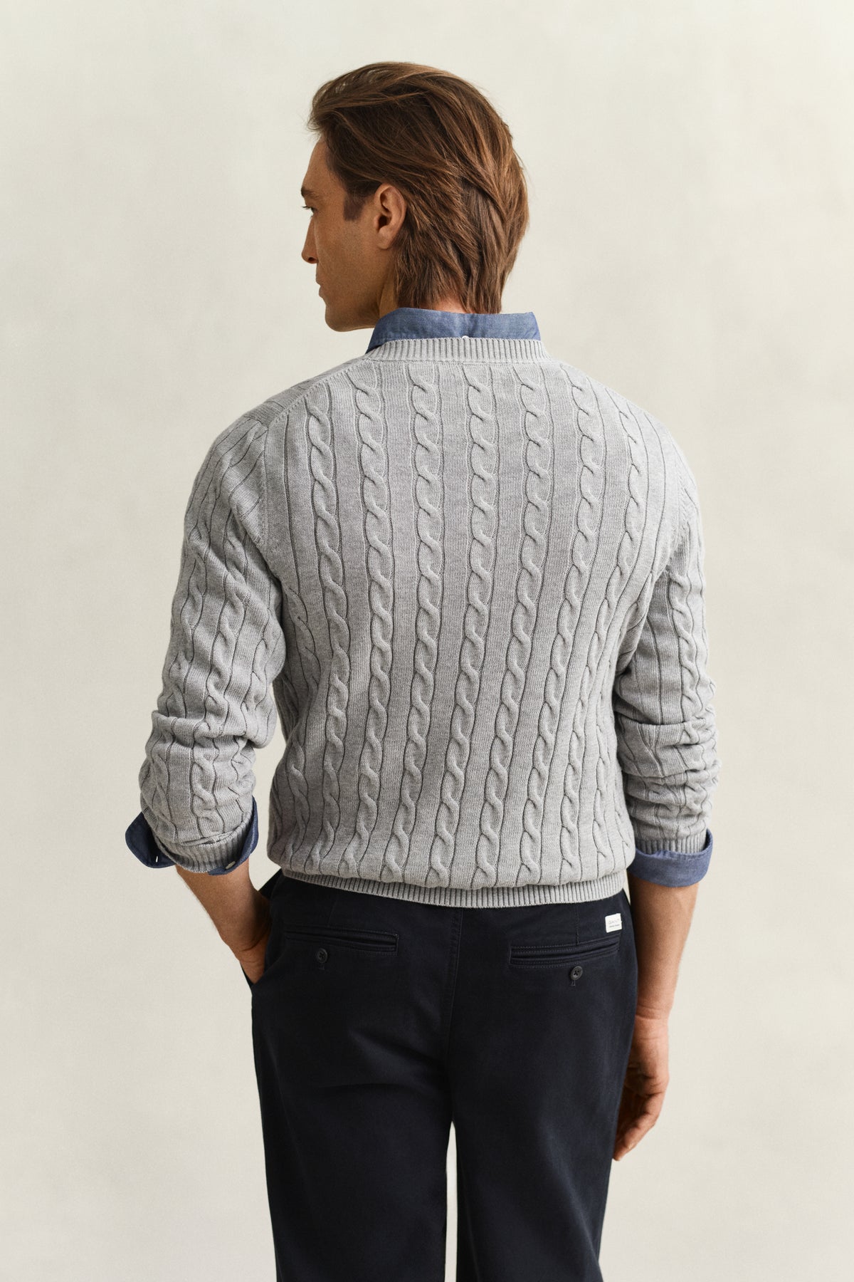GREY MELANGE, Classic Cable Knit Sweater, BACK-VIEW BY GANT AU.