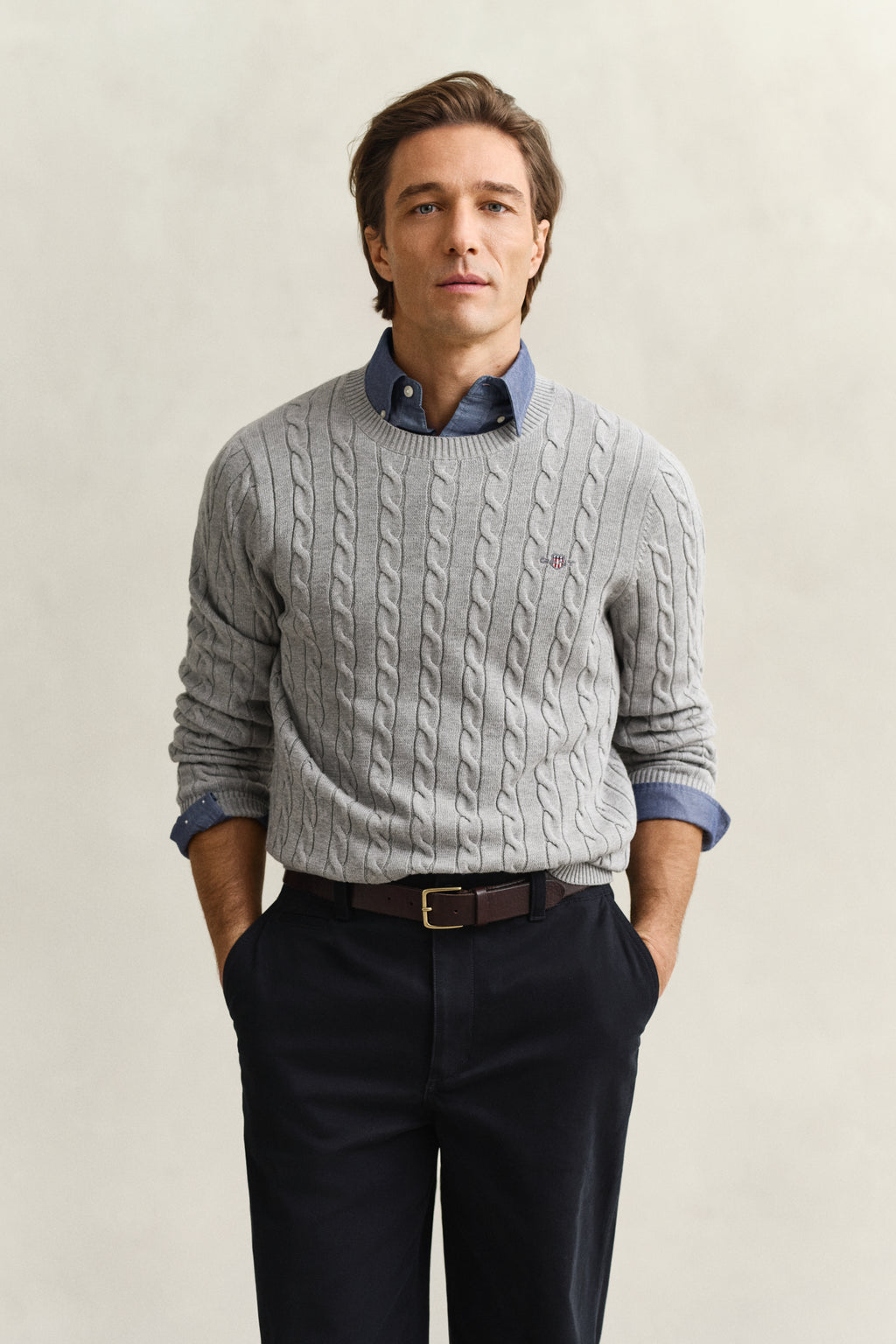 GREY MELANGE, Classic Cable Knit Sweater BY GANT AU.