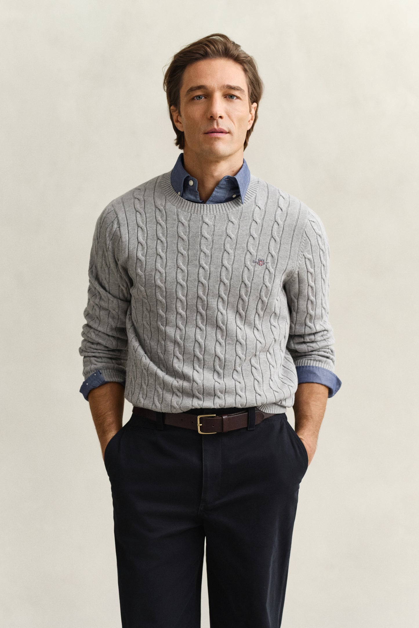 GREY MELANGE, Classic Cable Knit Sweater BY GANT AU.