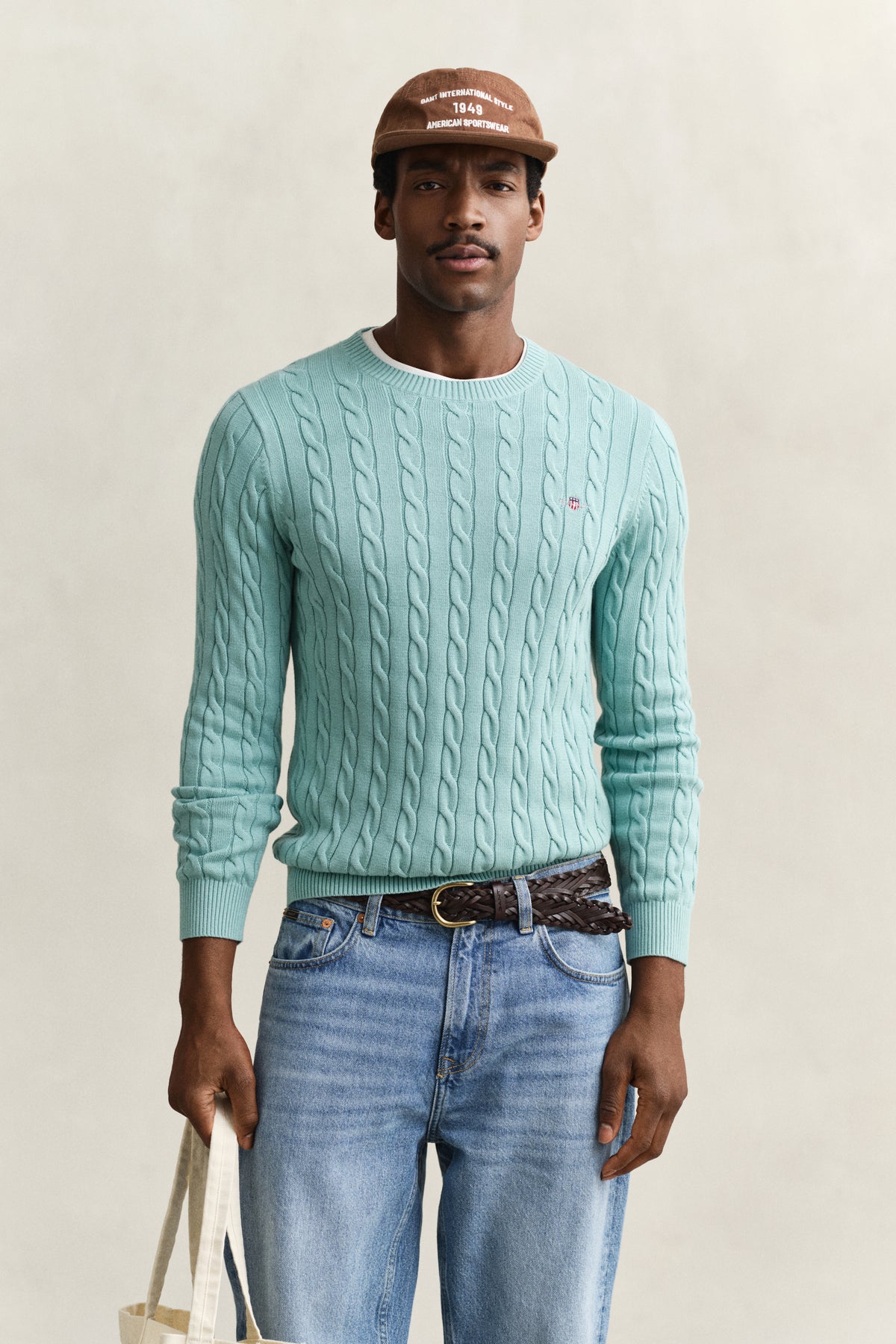 MUTED TURQUOISE, Classic Cable Knit Sweater, FRONT-VIEW BY GANT AU.