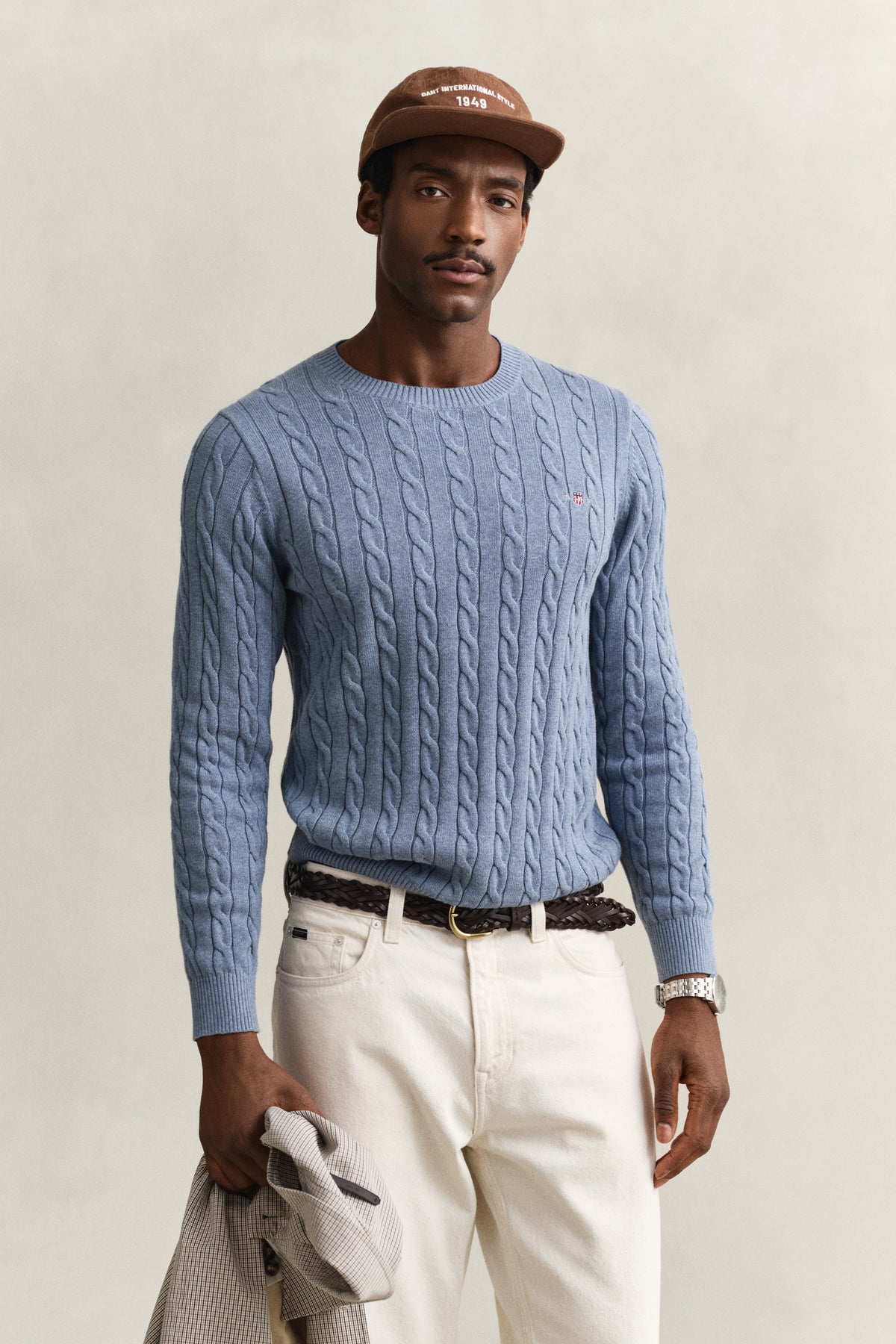FADED DENIM, Classic Cable Knit Sweater, FRONT-VIEW BY GANT AU.