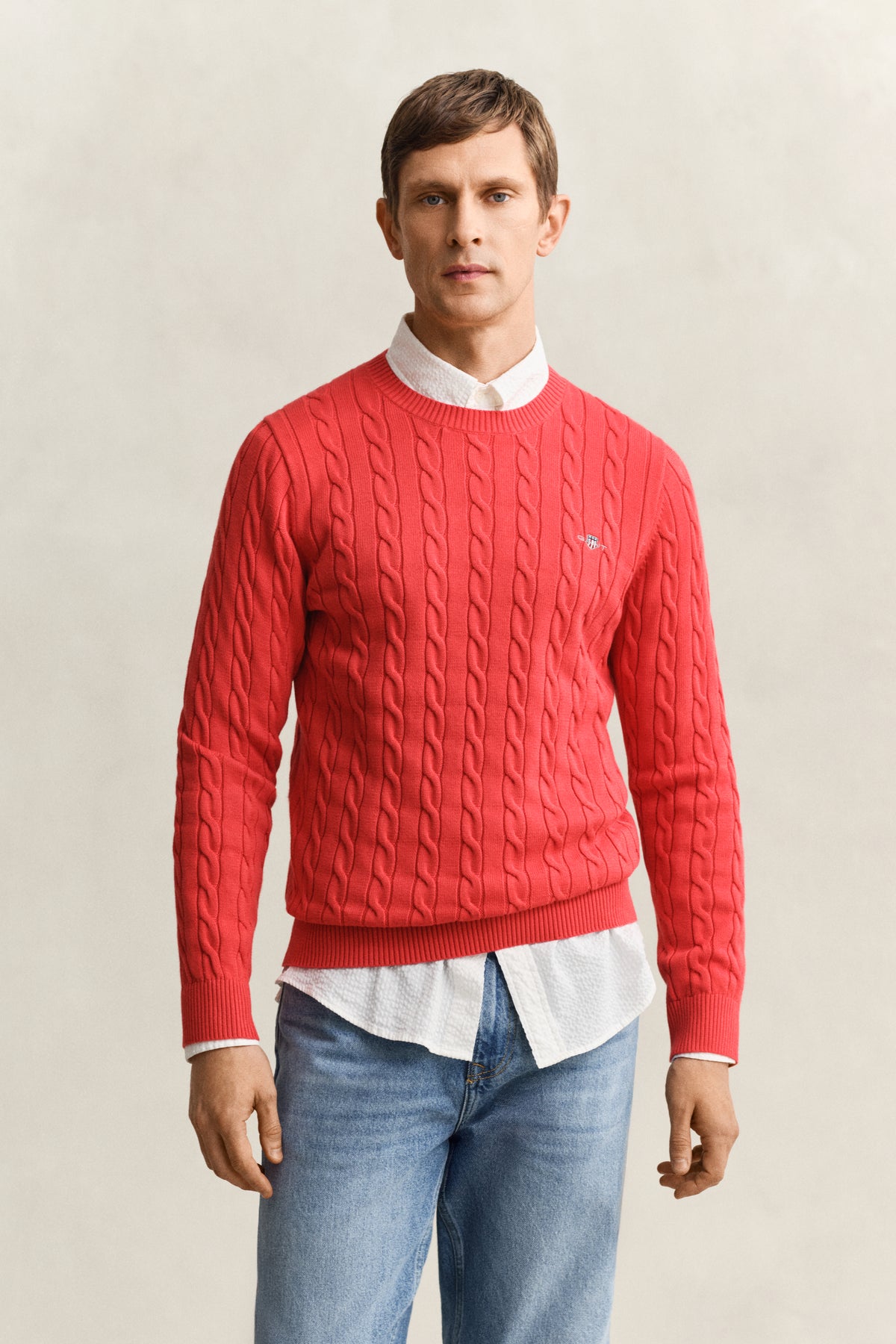 ROSE RED, Classic Cable Knit Sweater, FRONT-VIEW BY GANT AU.