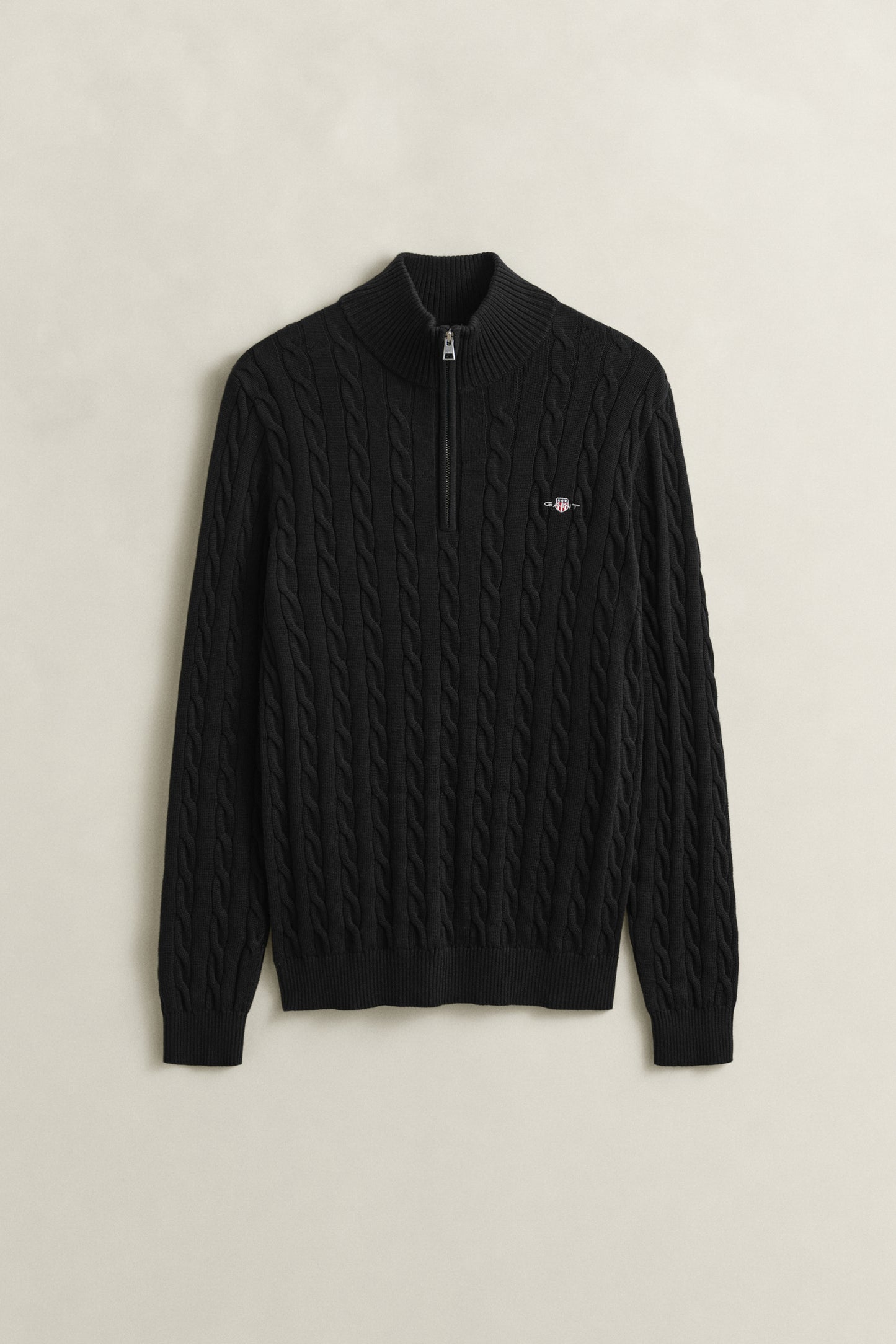 BLACK, COTTON CABLE HALF ZIP, FLAT-LAY BY GANT AU.