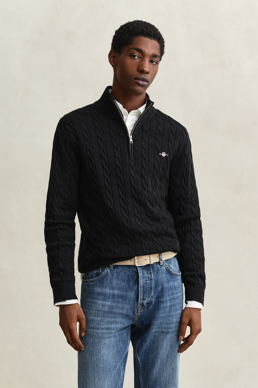 BLACK, COTTON CABLE HALF ZIP, FRONT-VIEW BY GANT AU.