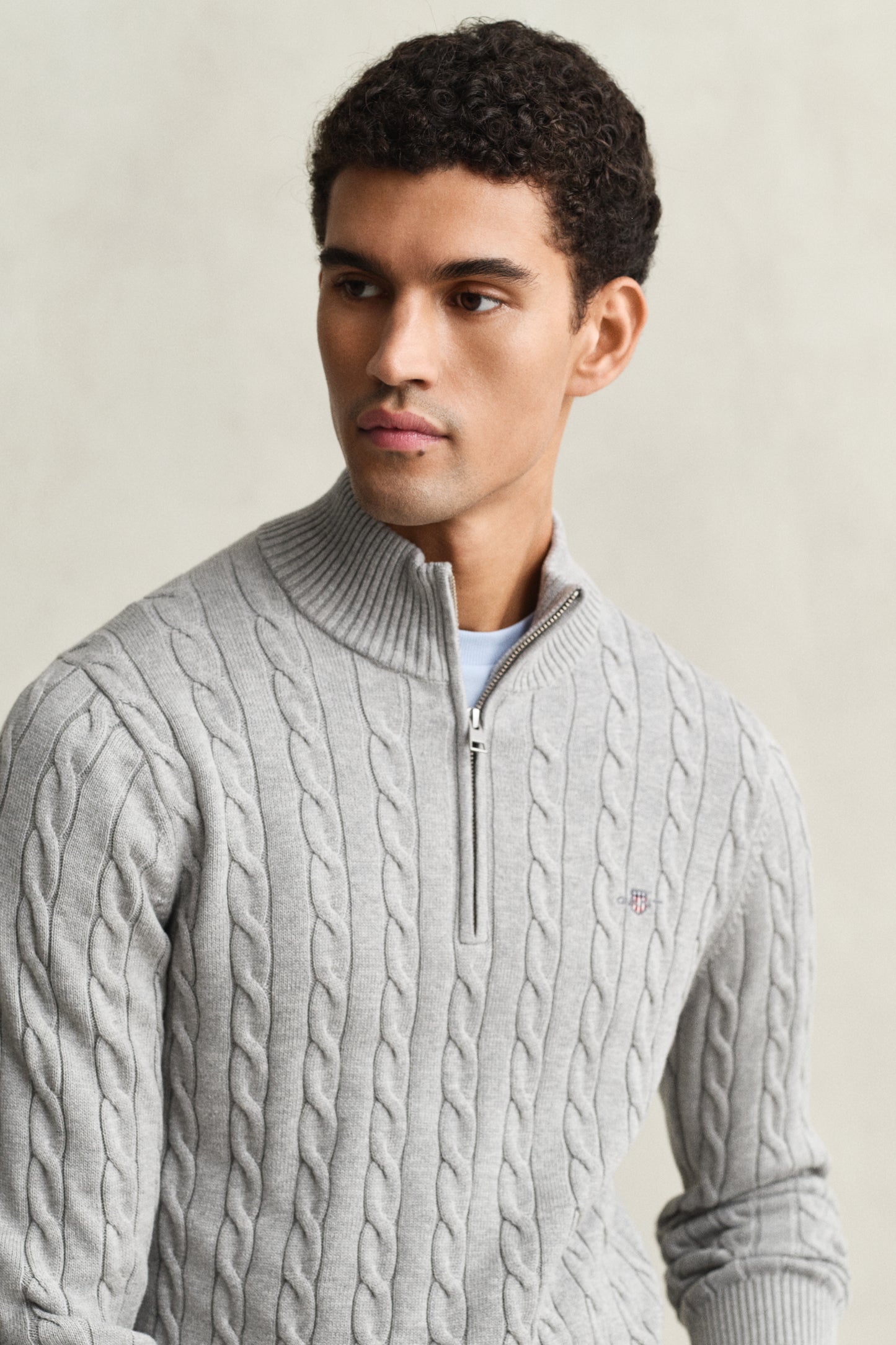 GREY MELANGE, COTTON CABLE HALF ZIP, CLOSE-UP BY GANT AU.