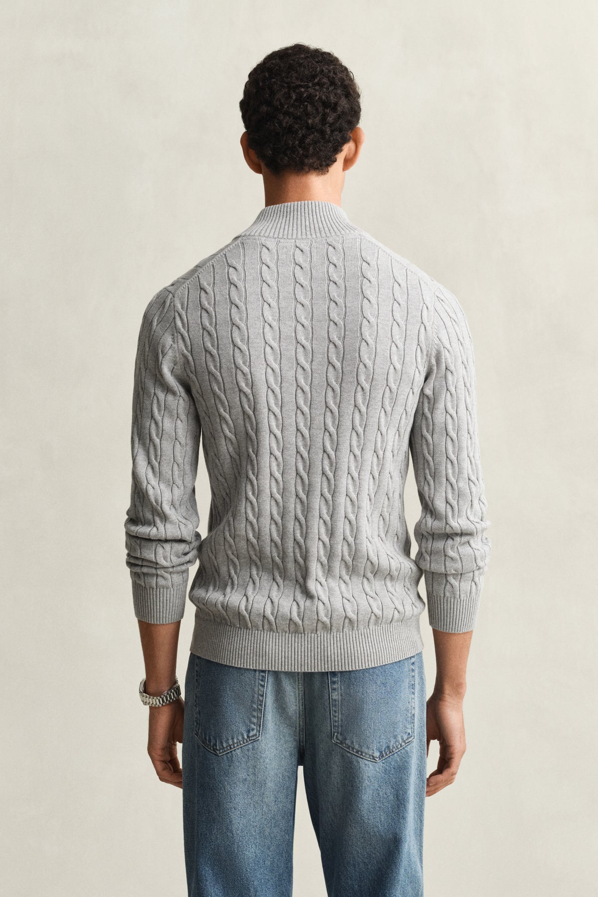 GREY MELANGE, COTTON CABLE HALF ZIP, BACK-VIEW BY GANT AU.