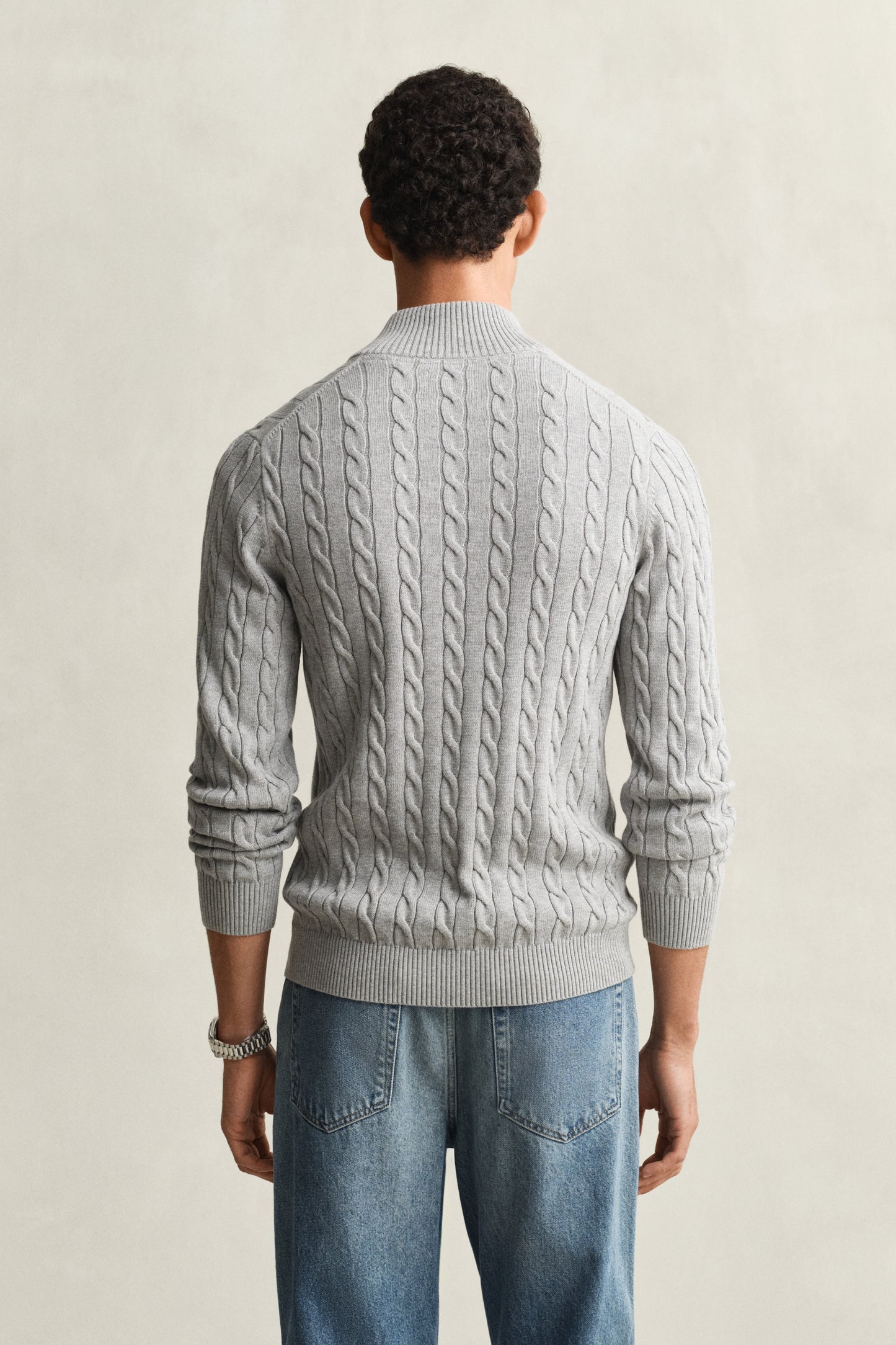 GREY MELANGE, COTTON CABLE HALF ZIP, BACK-VIEW BY GANT AU.