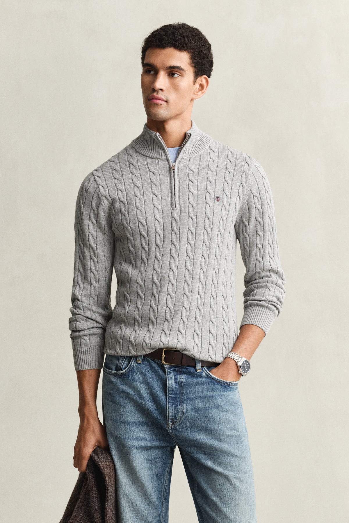 GREY MELANGE, Cable Knit Half-Zip Sweater BY GANT AU.