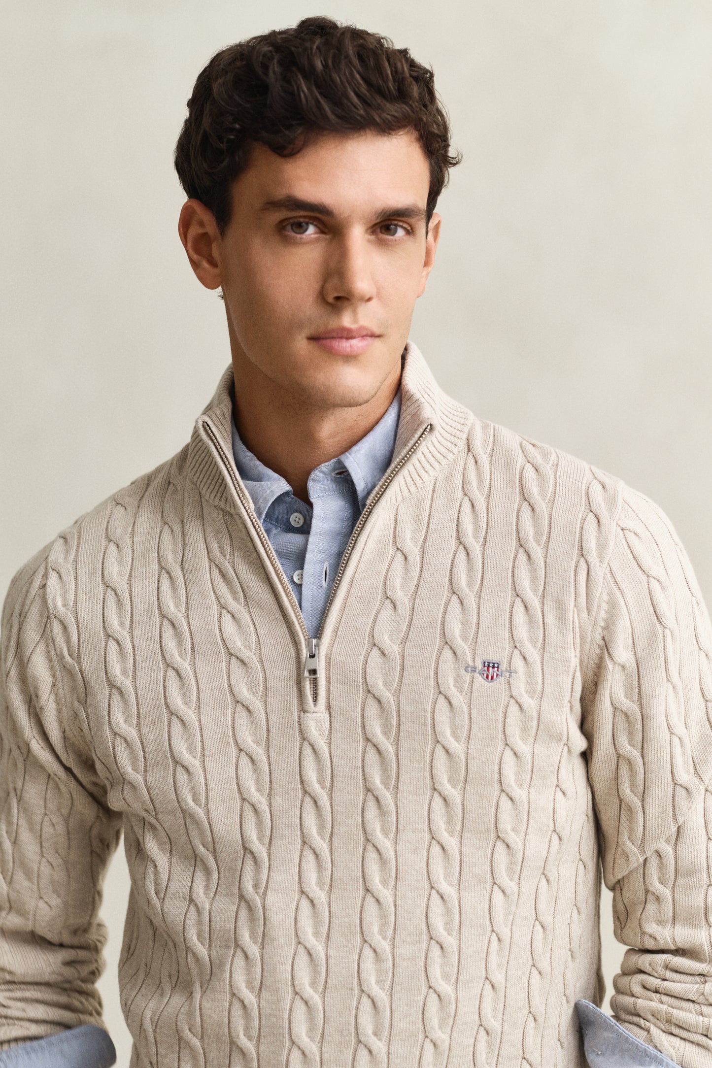 OAT MELANGE, Cable Knit Half-Zip Sweater, CLOSE-UP BY GANT AU.