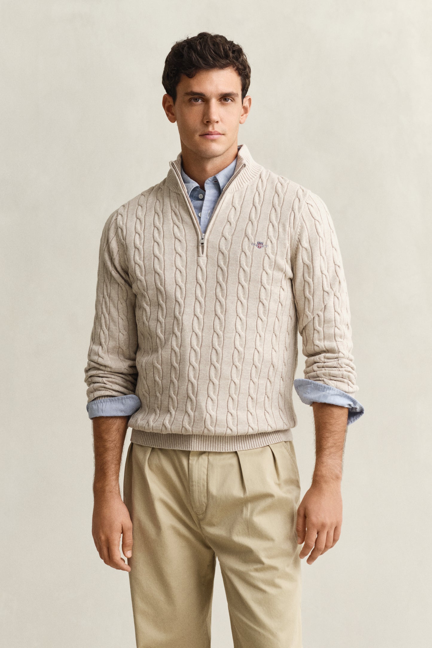 OAT MELANGE, Cable Knit Half-Zip Sweater, FRONT-VIEW BY GANT AU.