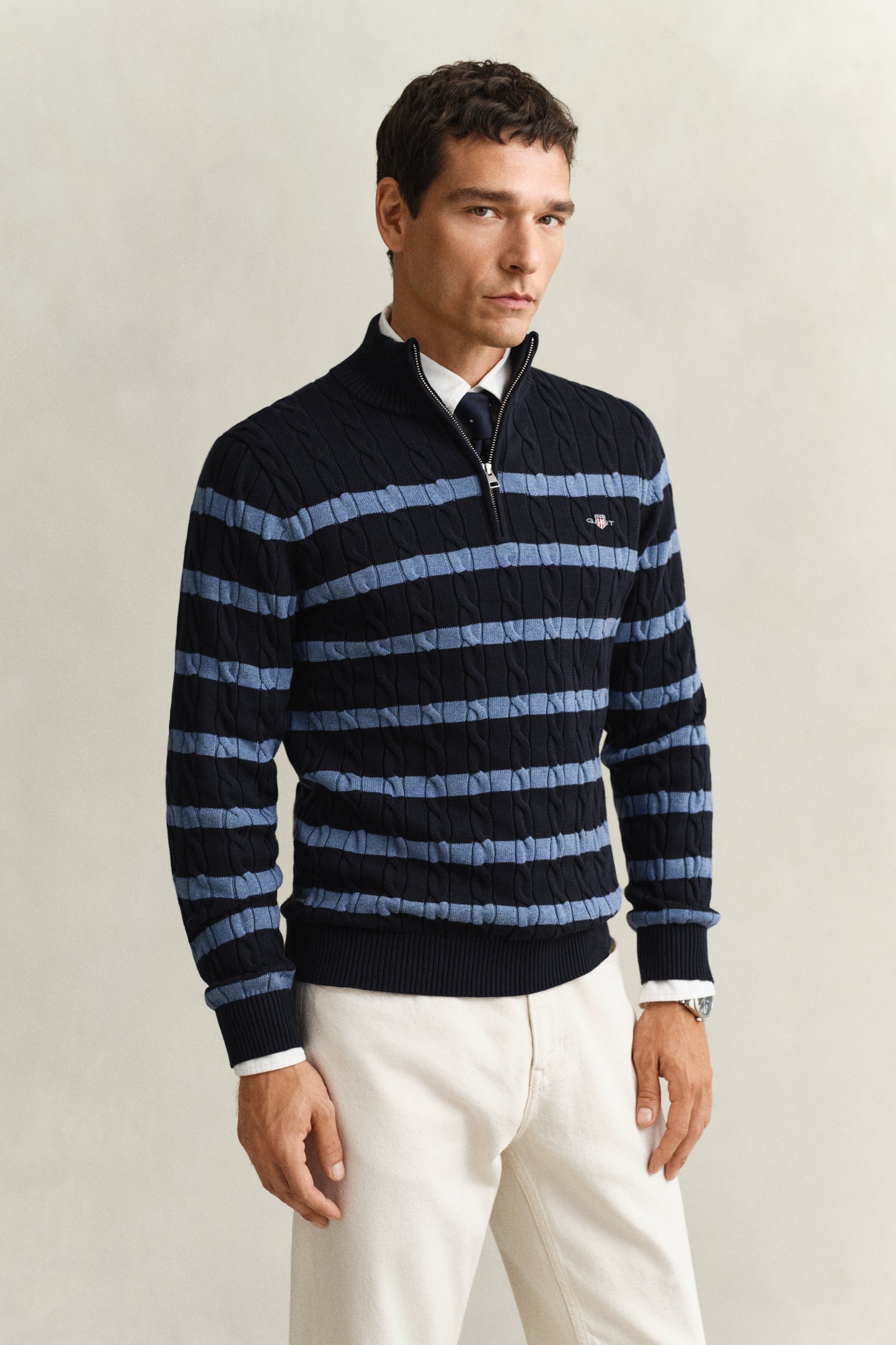 EVENING BLUE, STRIPED COTTON CABLE HALF ZIP, FRONT-VIEW BY GANT AU.