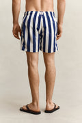RICH NAVY, BLOCK STRIPED SWIM SHORTS, BACK-VIEW BY GANT AU.