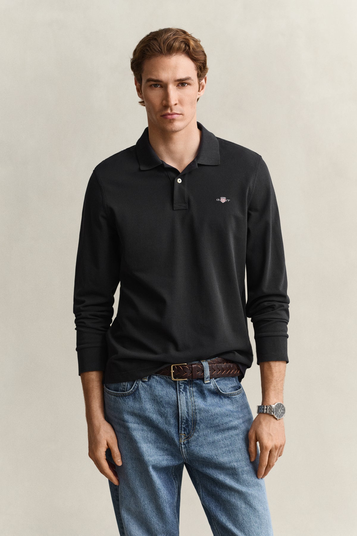 BLACK, Long Sleeve Polo Shirt, FRONT-VIEW BY GANT AU.