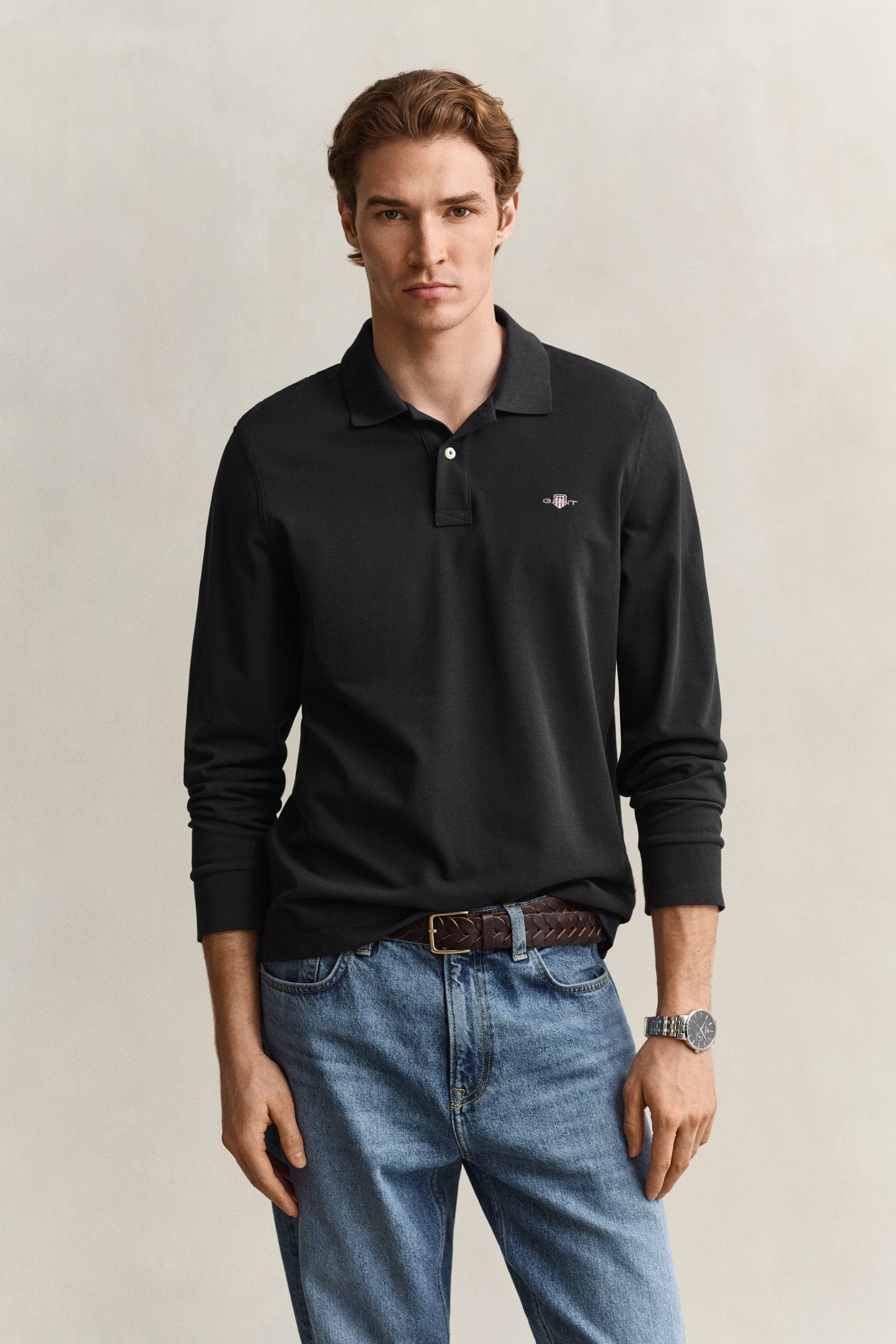 BLACK, Long Sleeve Polo Shirt, FRONT-VIEW BY GANT AU.