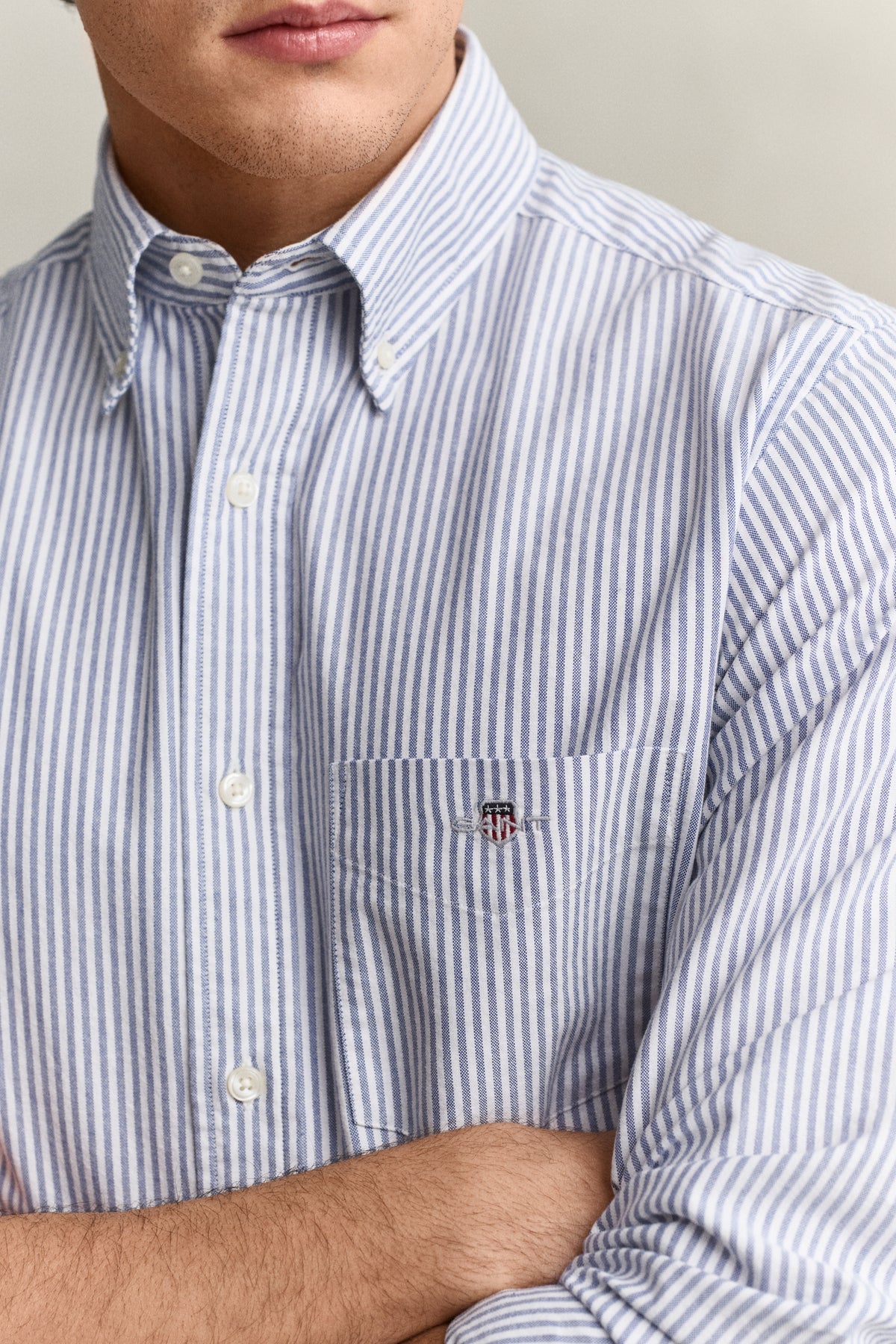MODEL WEARING REG CLASSIC OXFORD STRIPE SHIRT