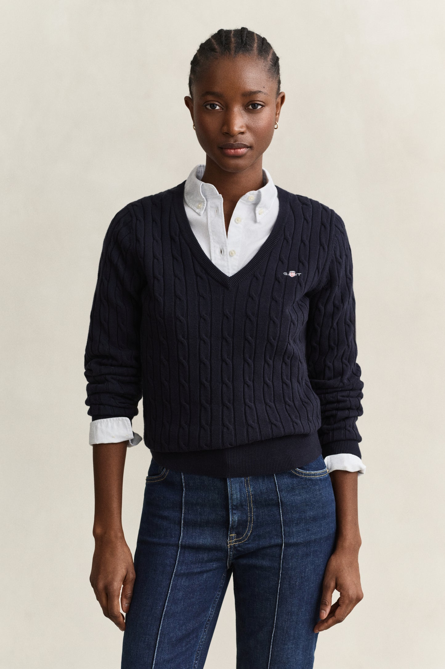 EVENING BLUE, Classic Cable Knit Sweater, FRONT-VIEW BY GANT AU.
