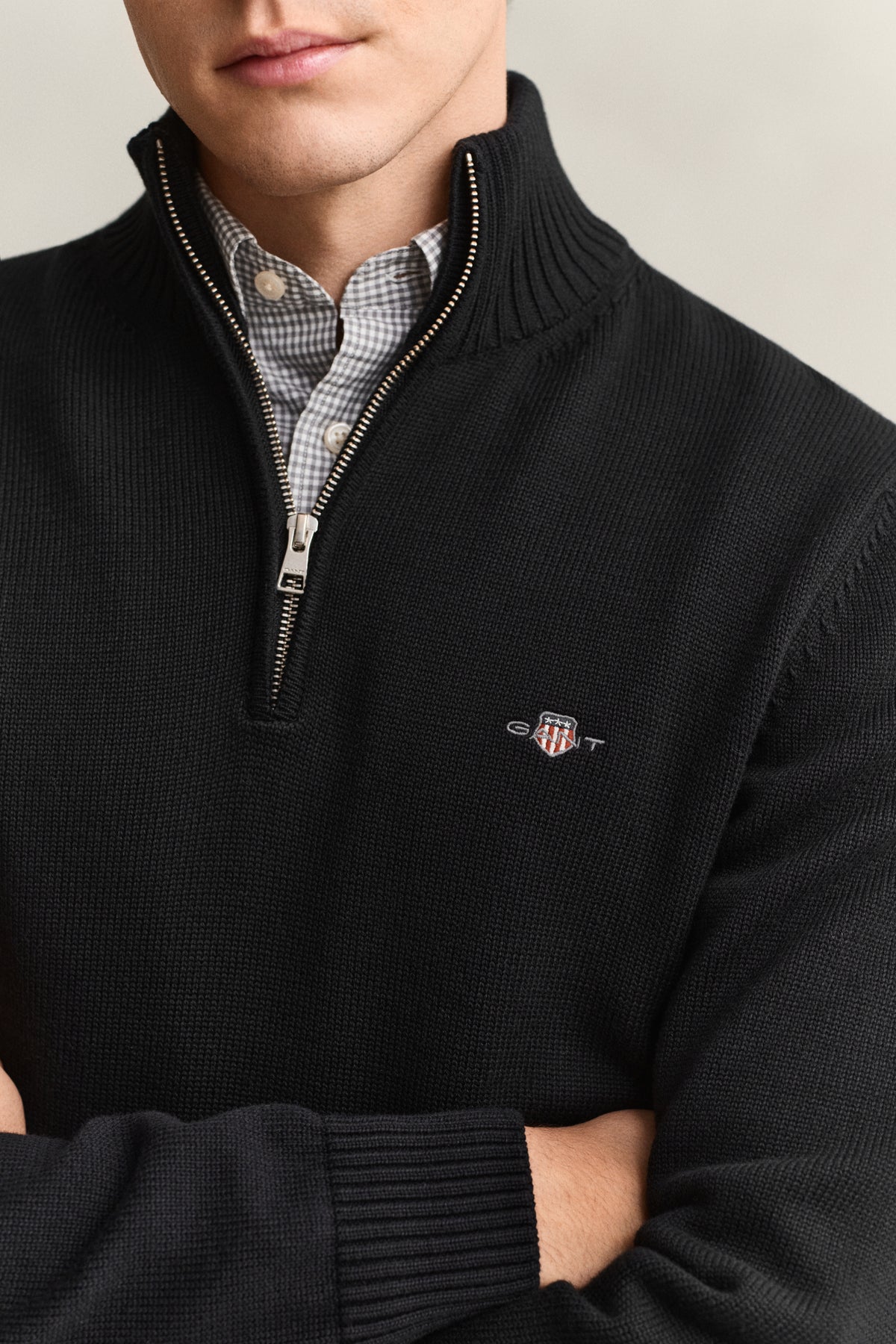 BLACK, Cotton Knit Half-Zip Sweater, CLOSE-UP BY GANT AU.