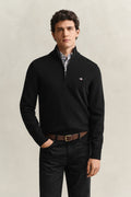 BLACK, Cotton Knit Half-Zip Sweater, FRONT-VIEW BY GANT AU.