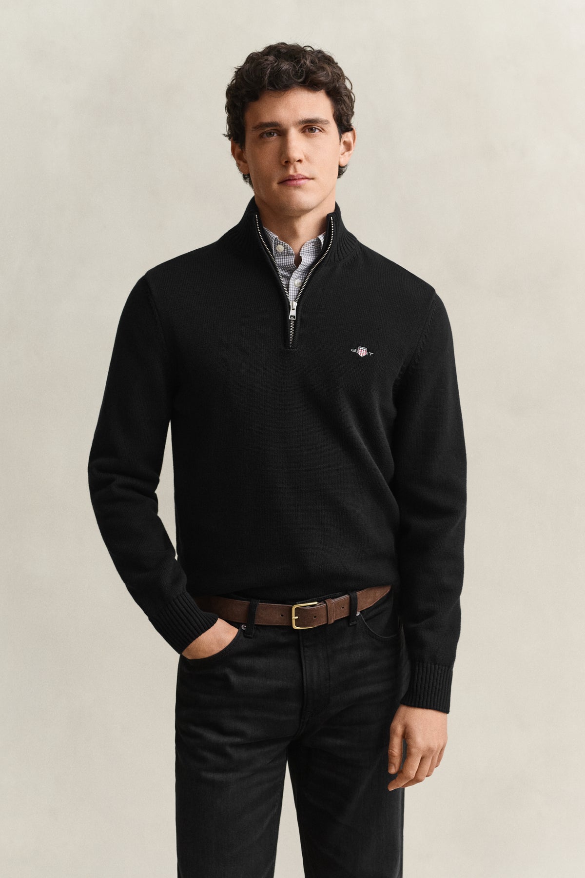 BLACK, Cotton Knit Half-Zip Sweater, FRONT-VIEW BY GANT AU.