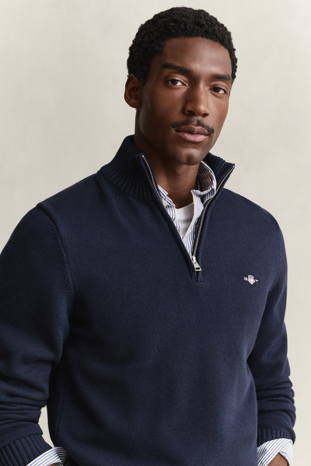 MODEL WEARING Cotton Knit Half-Zip Sweater