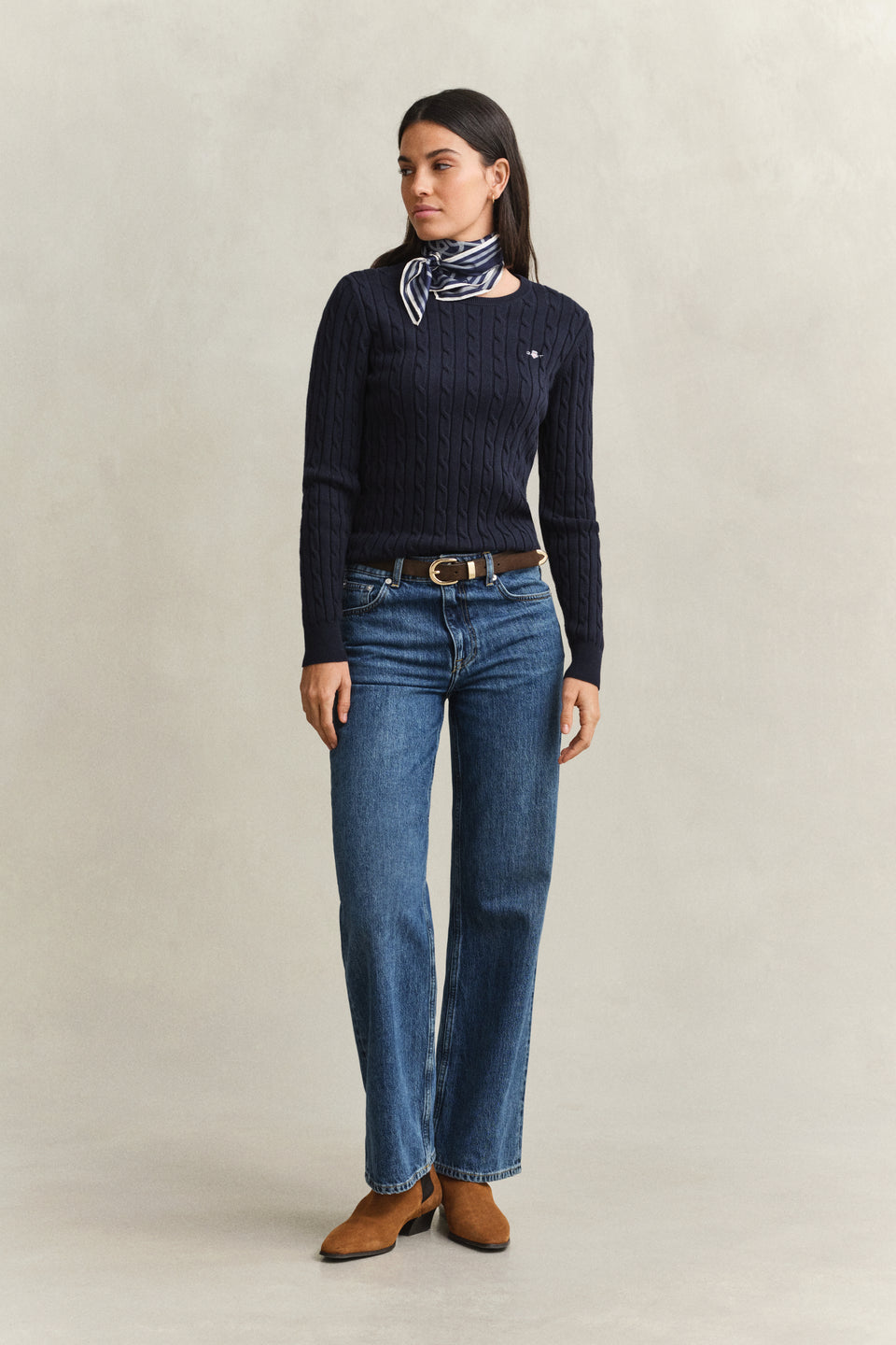 Stretch Cotton Cable Knit Crew Neck Sweater