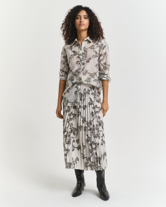 Pleated Tree Printed Midi Skirt