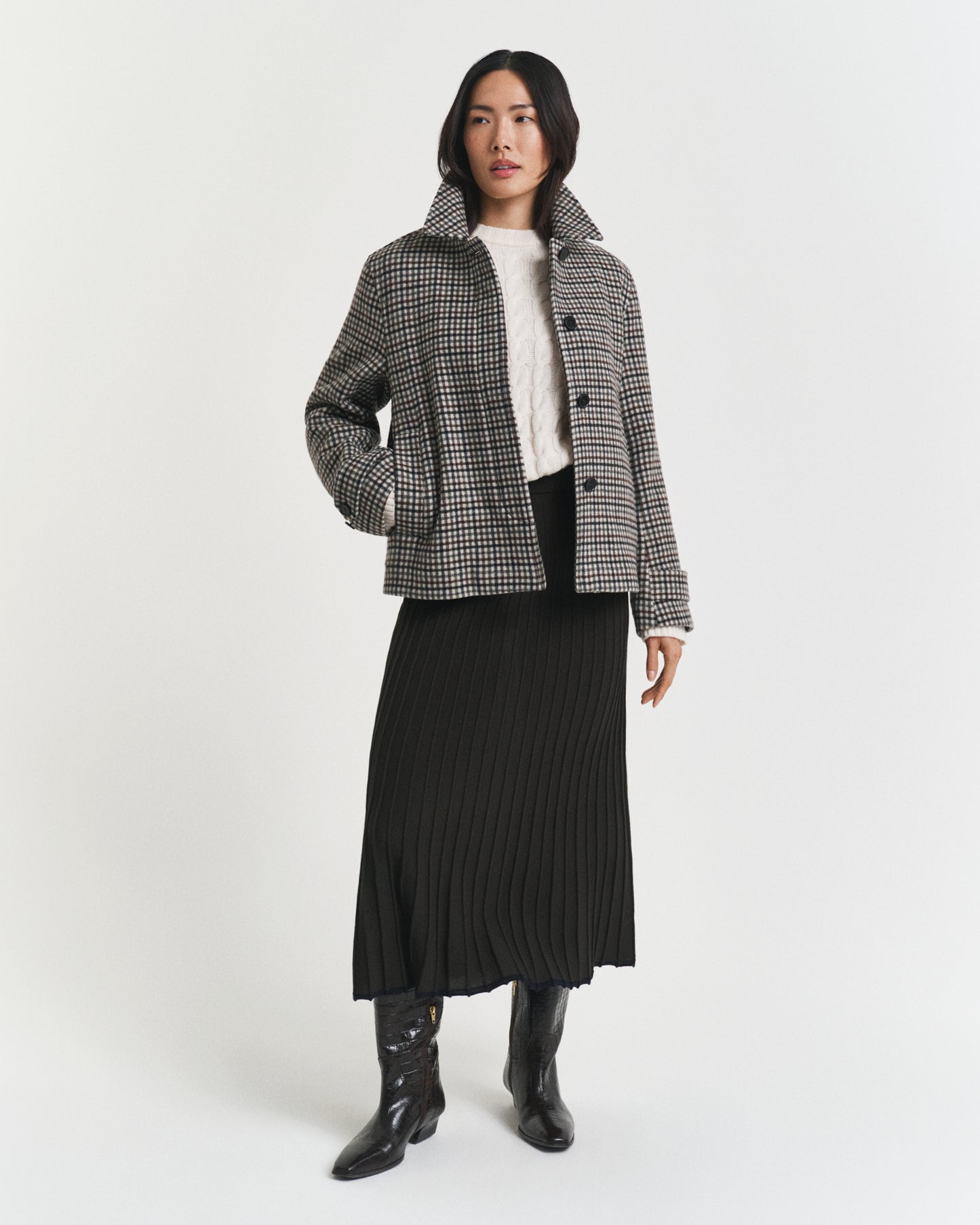 Short Checked Wool Blend Car Coat