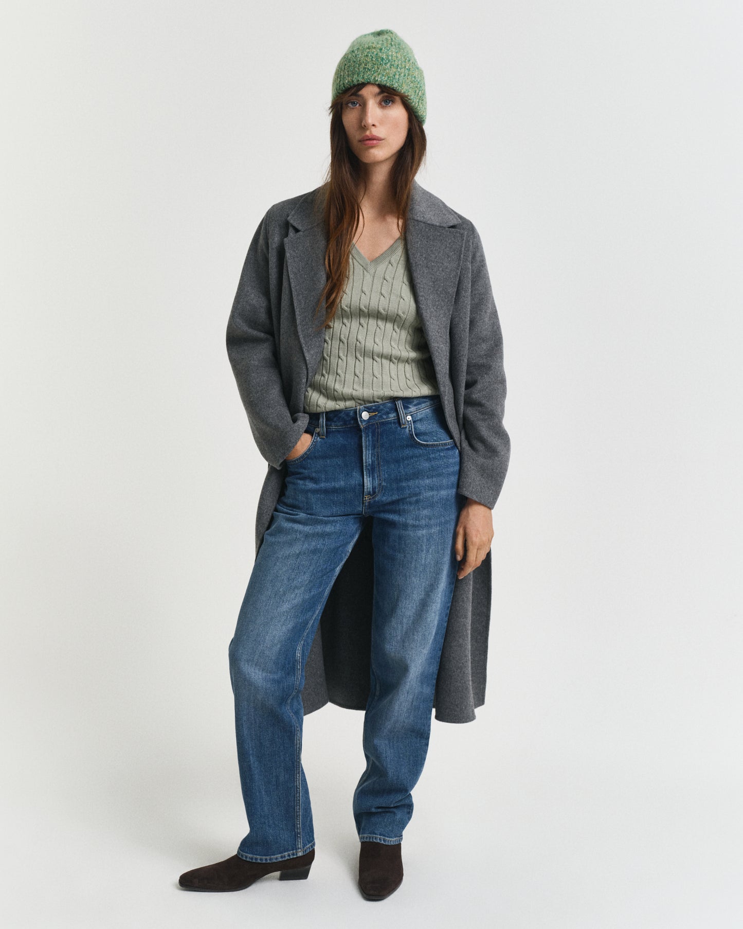 Stretch Cotton Cable Knit V-Neck Sweater