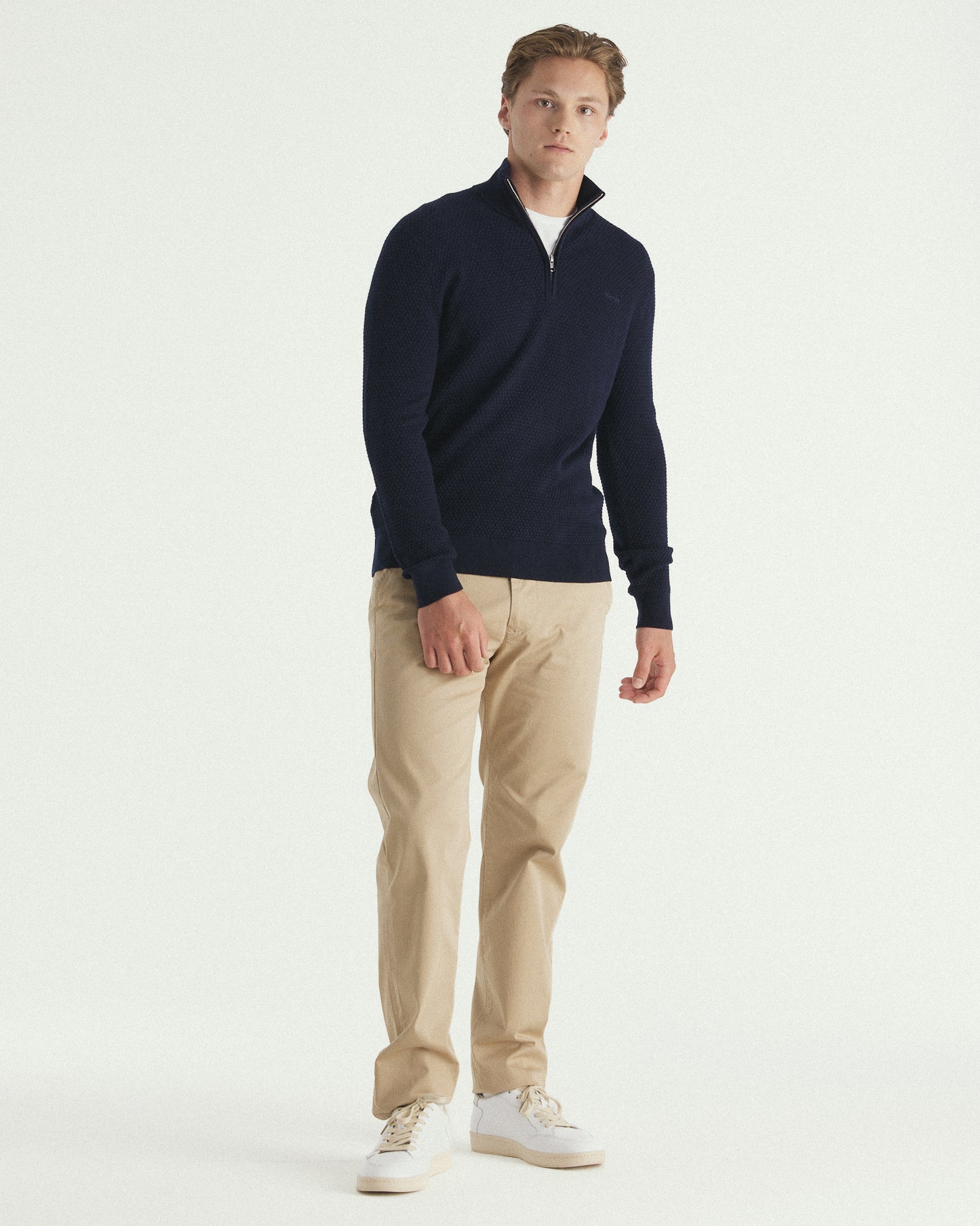 Textured Cotton Merino Half Zip Sweater