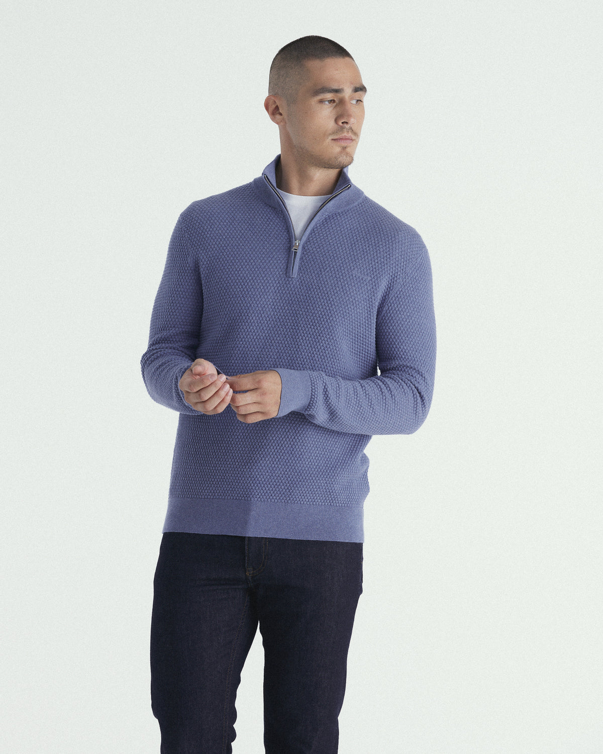 Textured Cotton Merino Half Zip Sweater