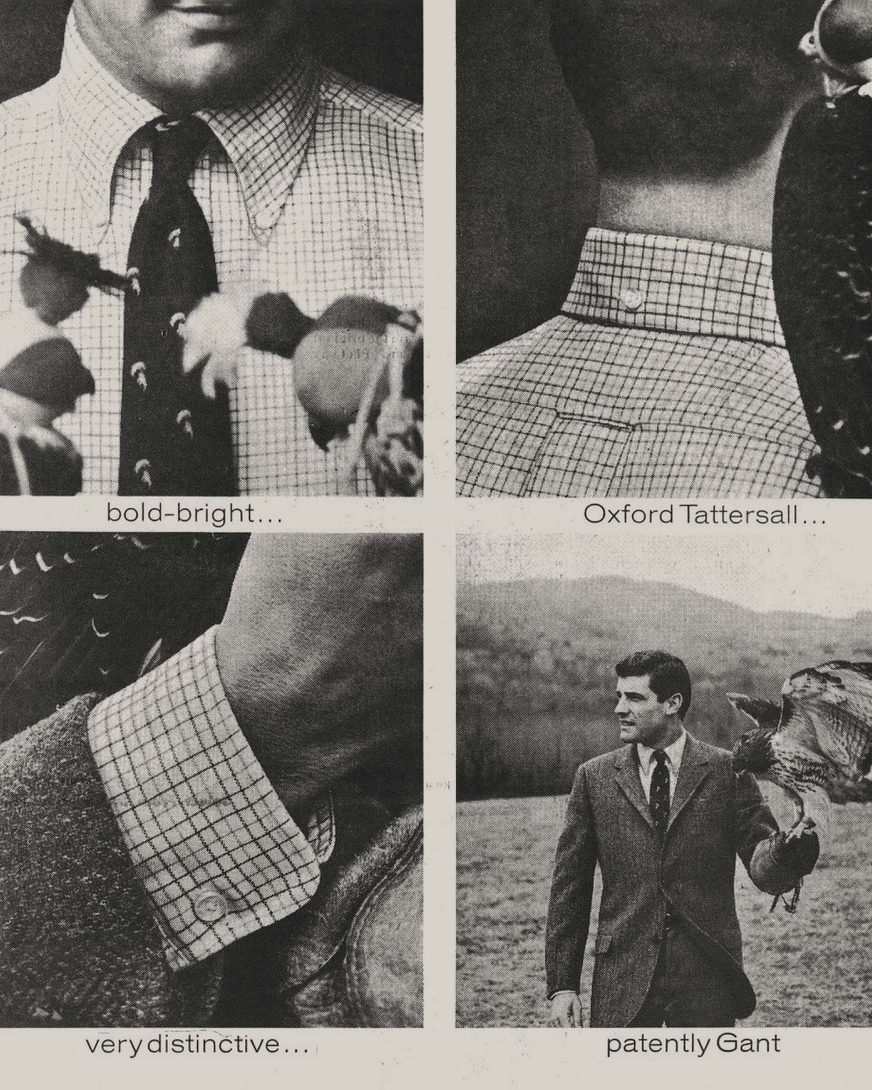 Vintage advertisement for Oxford Tattersall pattern featuring a man in a suit with a checkered shirt and tie.